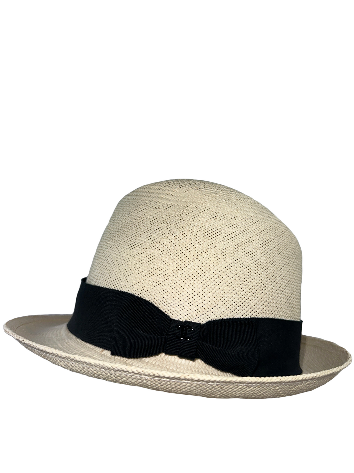 Chanel white panama hat with black stripe - M