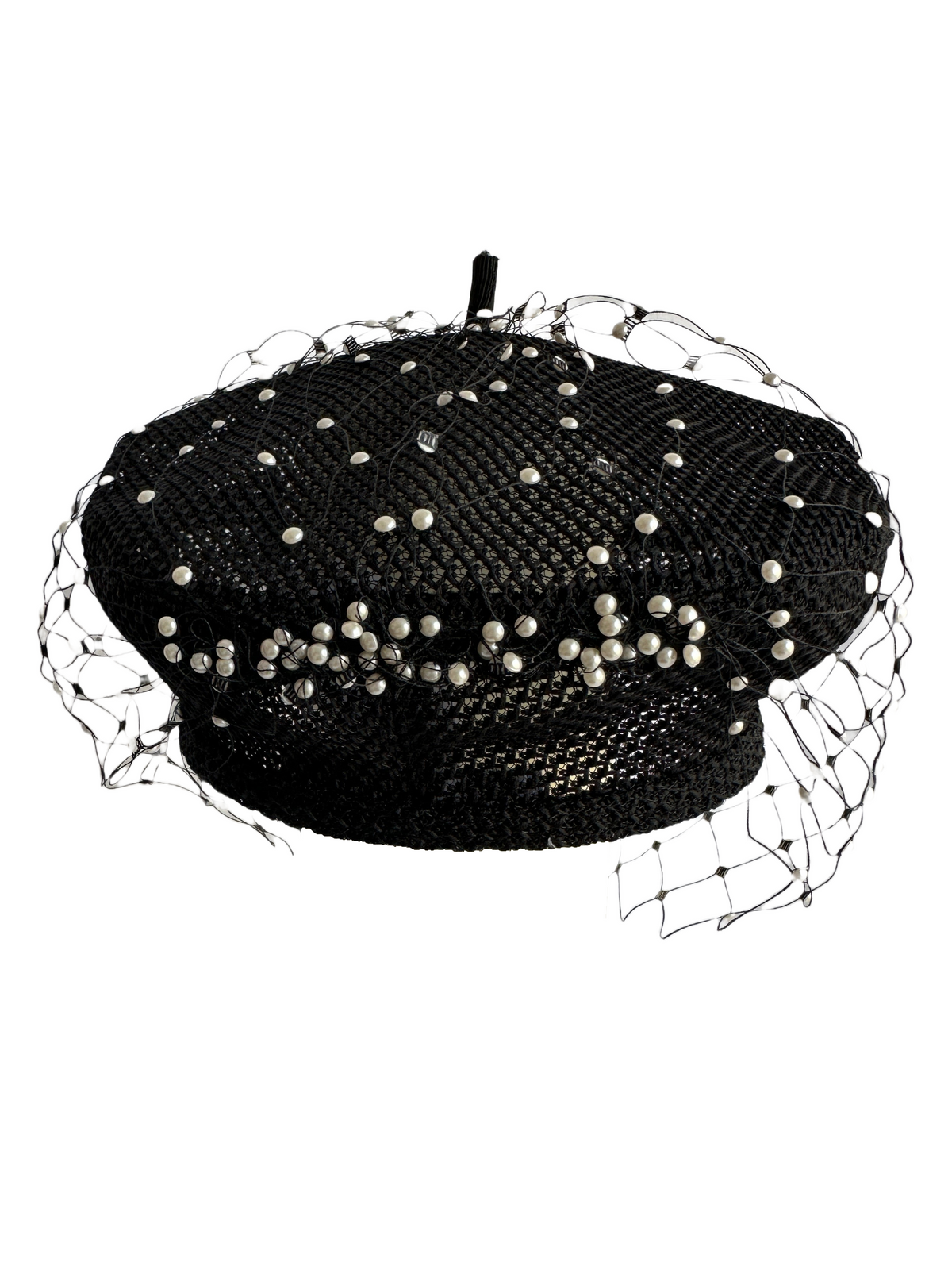 Dior black beret with veil embellished with pearl - size 57