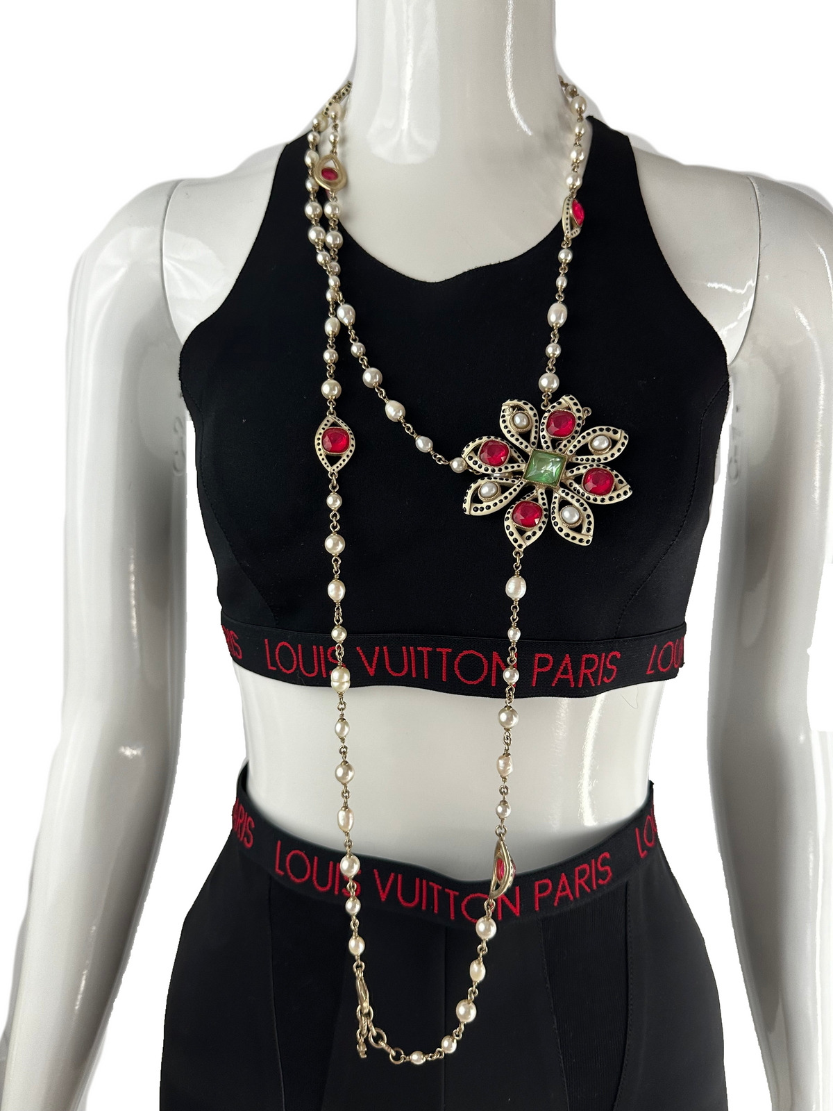 Chanel sautoire with red flower necklace