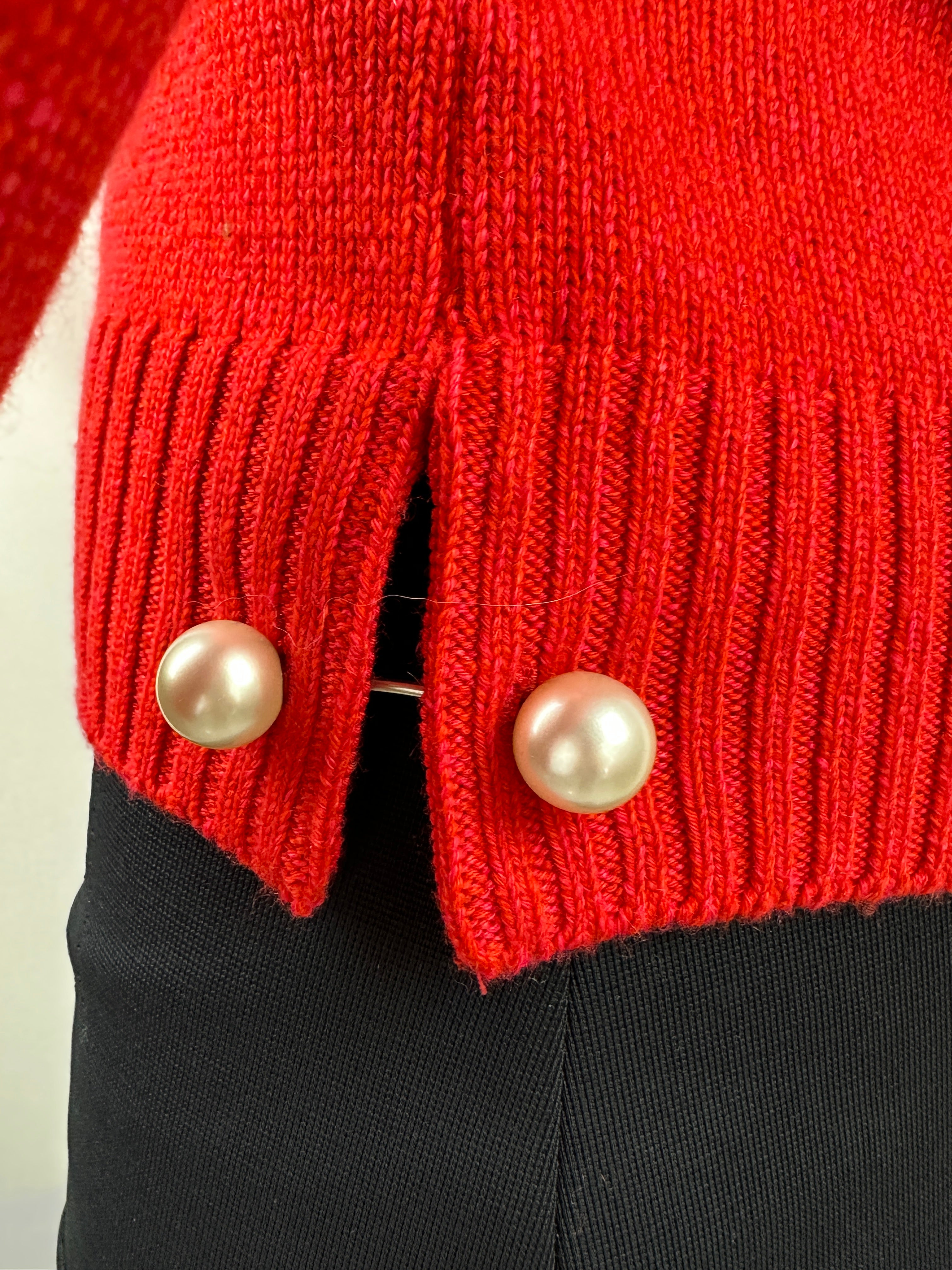 Chanel thick red V-neck sweater with pearly baubles at bottom - size 36