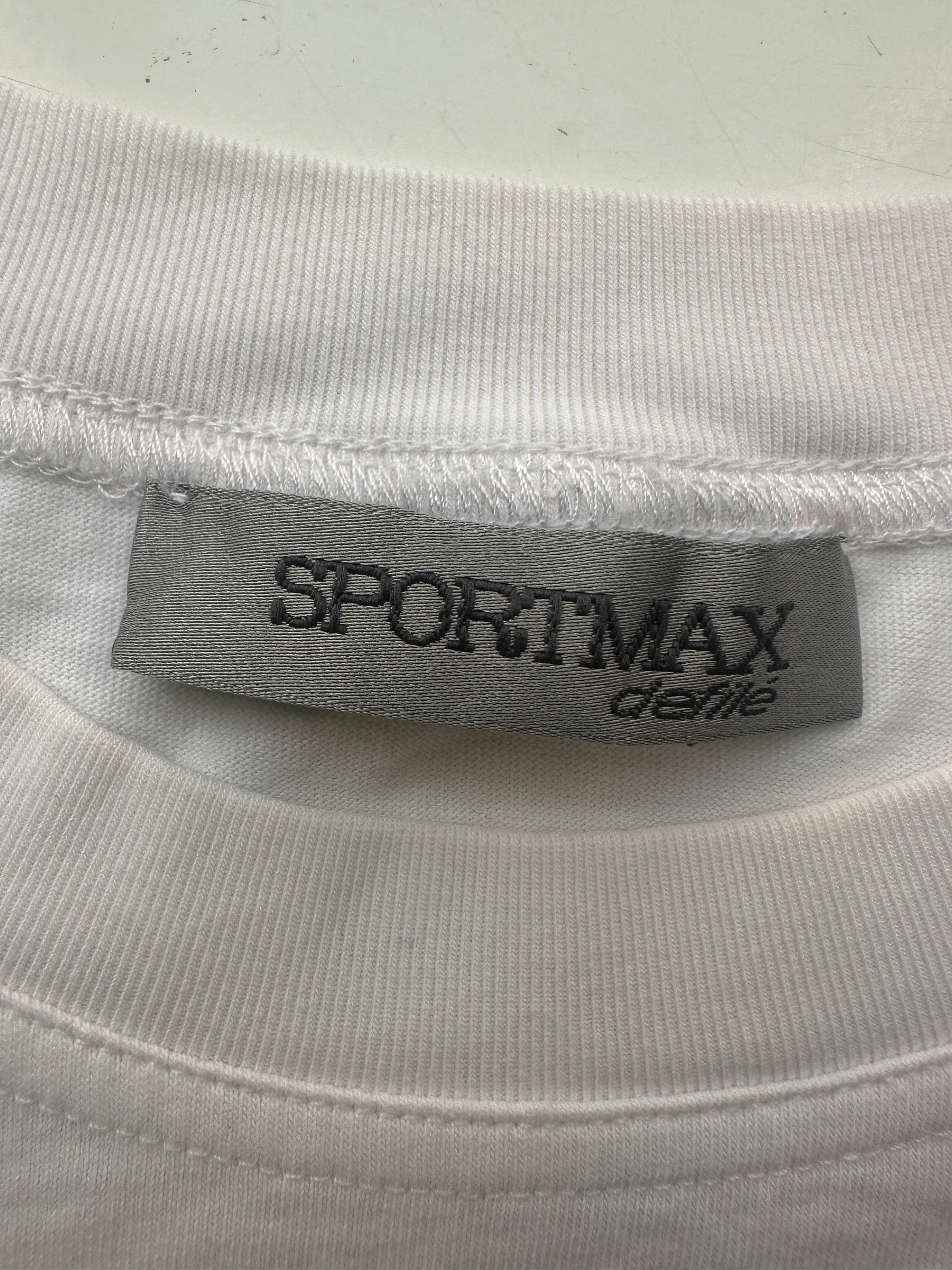 Sport Max White T-shirt with blue and yellow stripes on sleeves - size 40